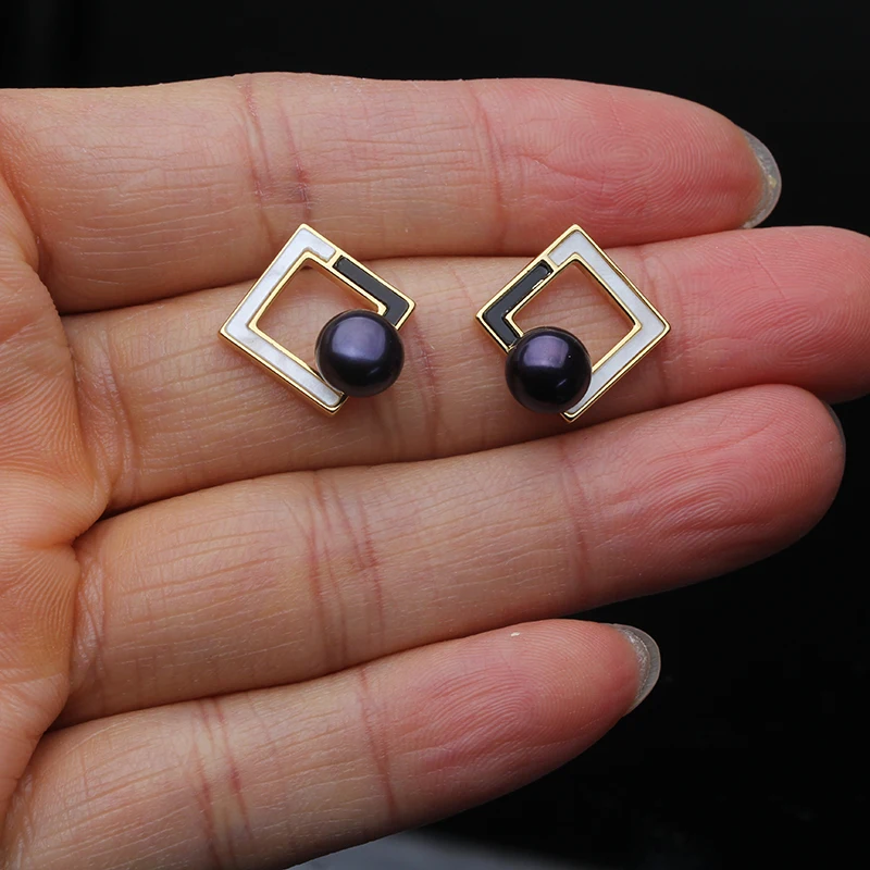 الاتجاه الطبيعي المياه العذبة 925 أقراط فضية مع اللؤلؤ امرأة ، الزفاف أقراط اللؤلؤ الأبيض الأم زوجة هدية عيد ميلاد أسود #5