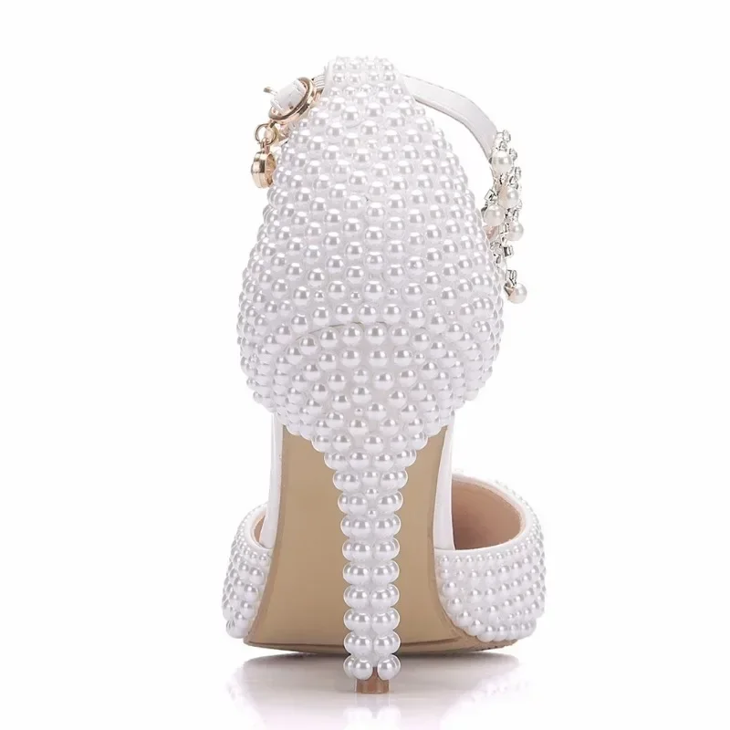 Sandals Women 2023 Office Career Pointed Toe Pearl Buckle Strap 9.5CM Thin Heels String Bead Take Wedding Photos Wedding Shoes