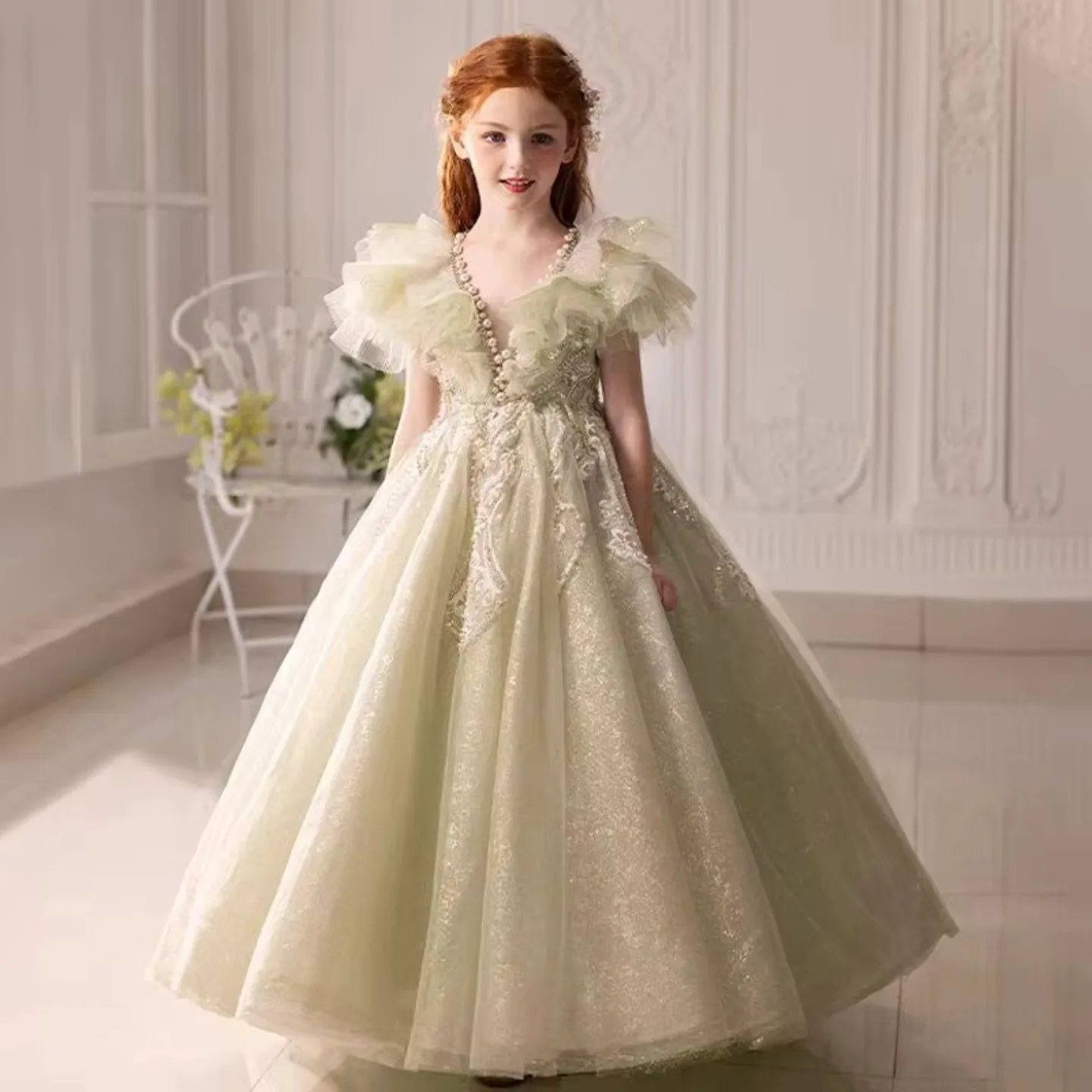Jill Wish J360 Luxury Sage Green Girl Dress with Beading Crystal Lace Princess Wedding Birthday Pageant Party Performance Gown