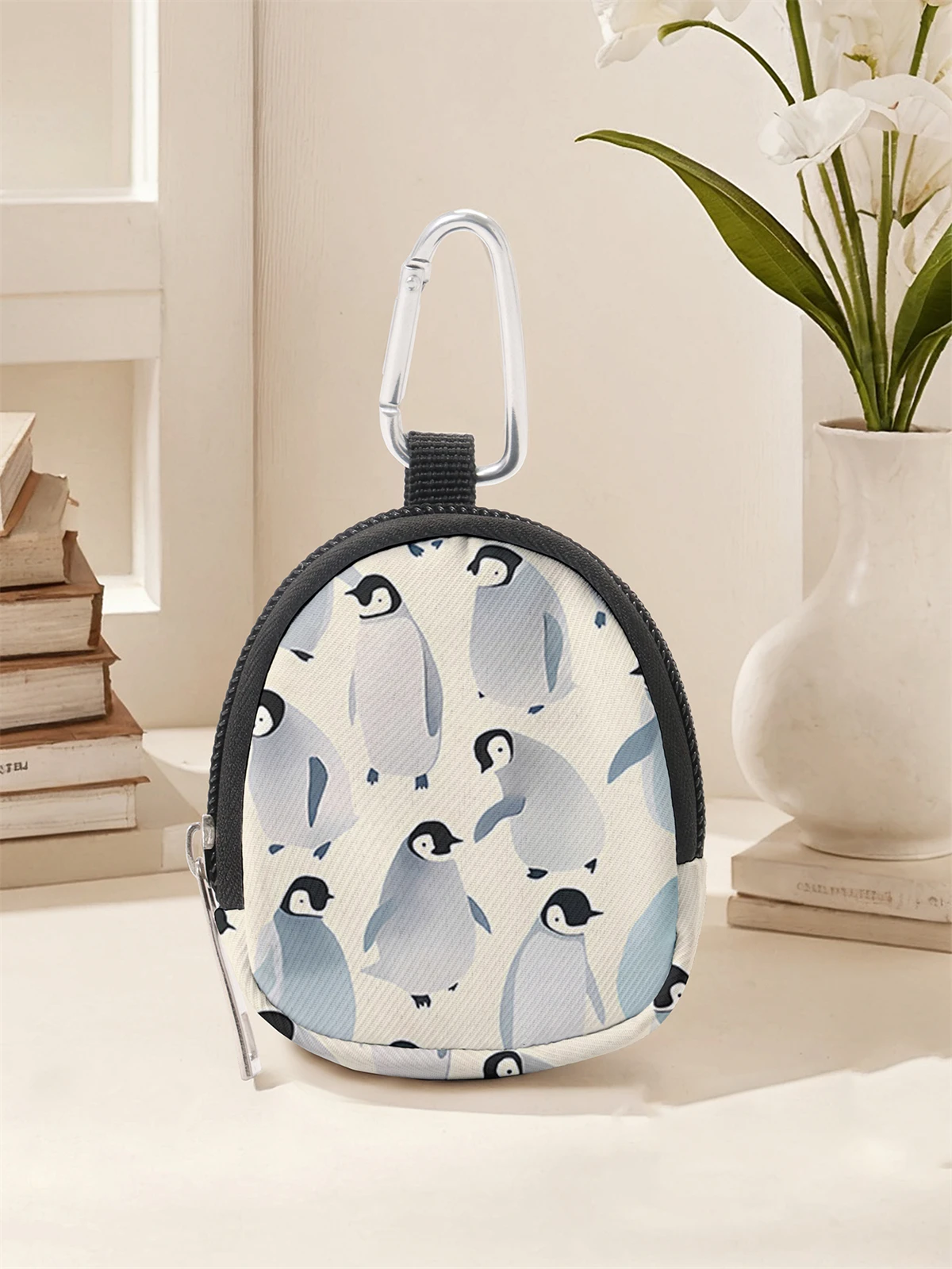 محفظة صغيرة مطبوعة بنمط البطريق، حقيبة تغيير بسحاب خفيفة الوزن مع مشبك خطاف، حقيبة مفاتيح لسماعة الرأس، مناسبة للرجال والنساء #1