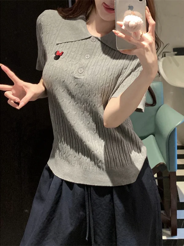 

plus Size Knitted Short Sleeve Neck Thin Top for Women Summer New Style Youthful Twist Design Versatile College Style