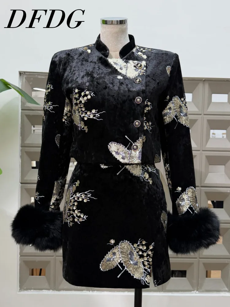 

DFDG 2025 Autumn Women’s Embroidered Sequined Asymmetric Quilted Cropped Jacket Fur Sleeves Bodycon Skirt Set Designer Set