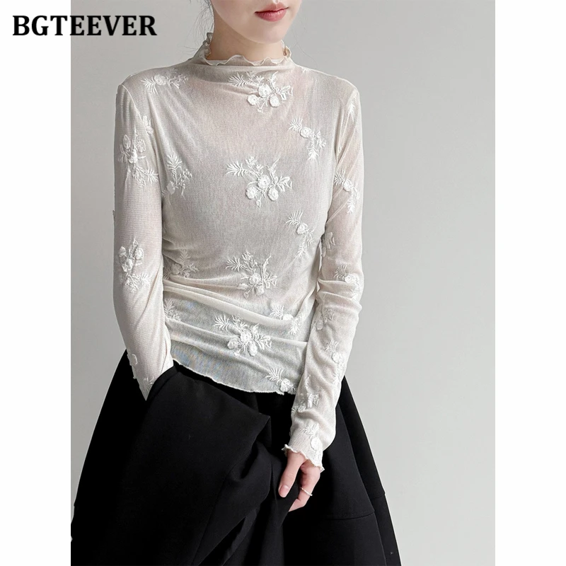 

BGTEEVER Stand Collar Embroidered Mesh Base Shirt For Women 2026 Early Spring New Korean Style Inner Tops