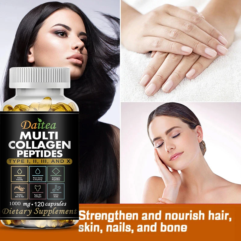 Multiple Collagen Peptide Supplements - ΤYPE I, II, III and X - Strengthens Hair, Nails, Skin, Joints, and Burns Fat