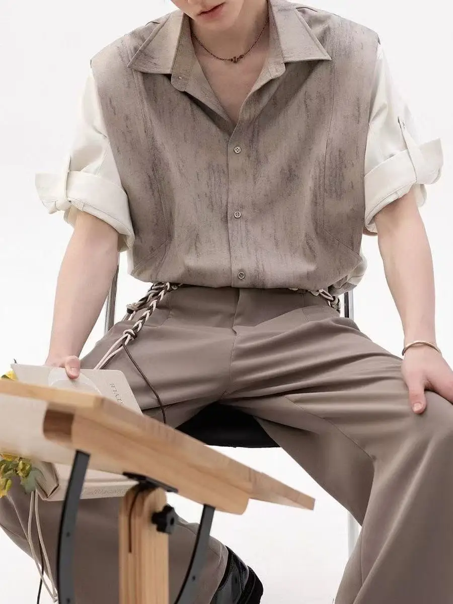 

Retro Sle Faux Two-Piece Men's irt Summer 2025 New Stand Fit ort Sve Vintage Feel Artistic Men's Casual irt