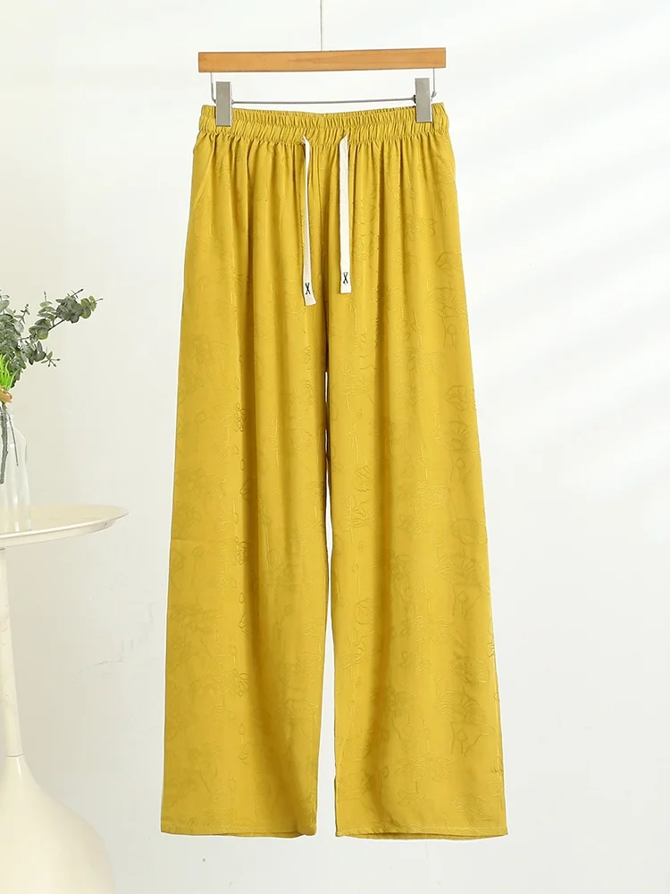 Silk Wide Leg Pants Women Summer Versatile Thin Loose Floor-Length Pants Artificial Cotton plus Size High Waist Casual Pants