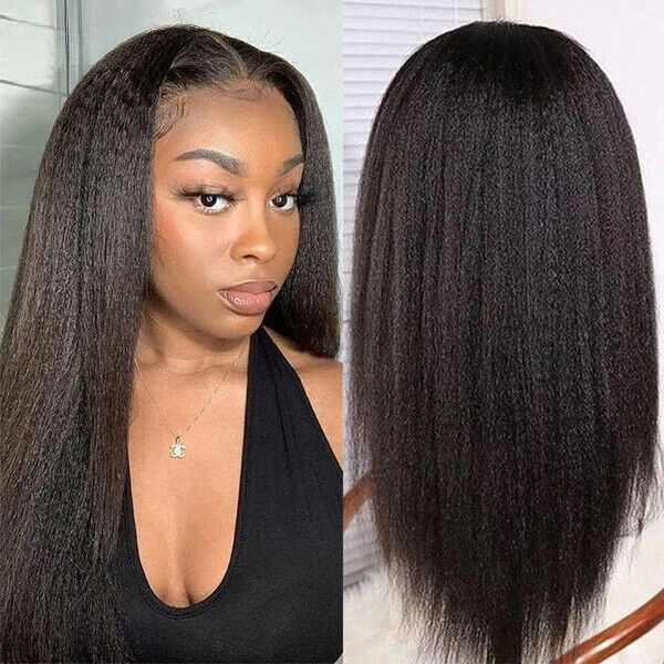 Perucas longas de cabelo reto Yaki para mulheres negras, sintéticas, calor seguro, preto completo