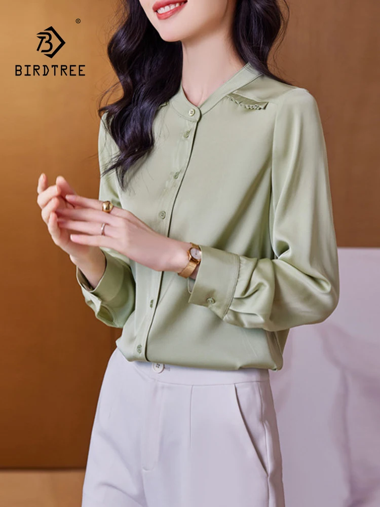 

BirdTree, 91.2%Natural Silk Elegant Shirt, Women Long Sleeve V Neck, Temperament Office Lady OL Blouses, 2024 Autumn T46489QC