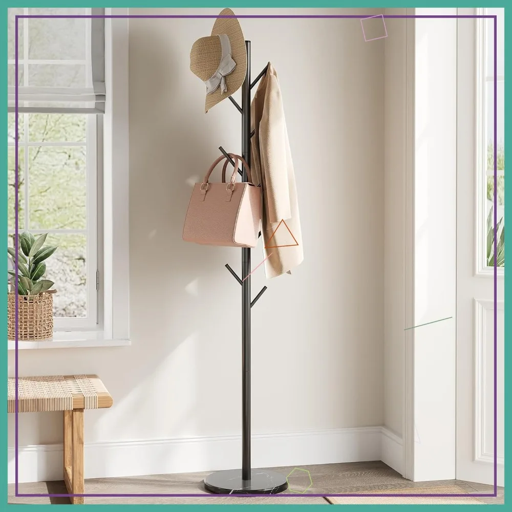 

Напольная вешалка для одежды с мраморным основанием, 10 крючками, регулируемая по размеру, для прихожей, спальни, офиса - черная