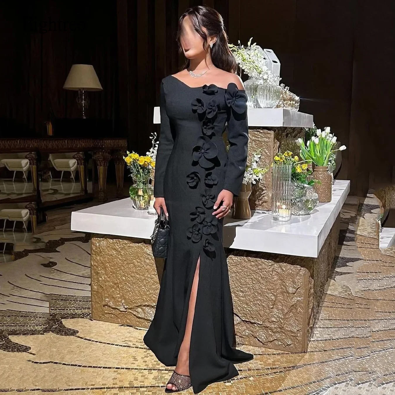 

Eightree Black Mermaid Evening Party Dress Off The Shoulder With 3D Flowers Prom Gowns Night Celebrity Dresses Customized