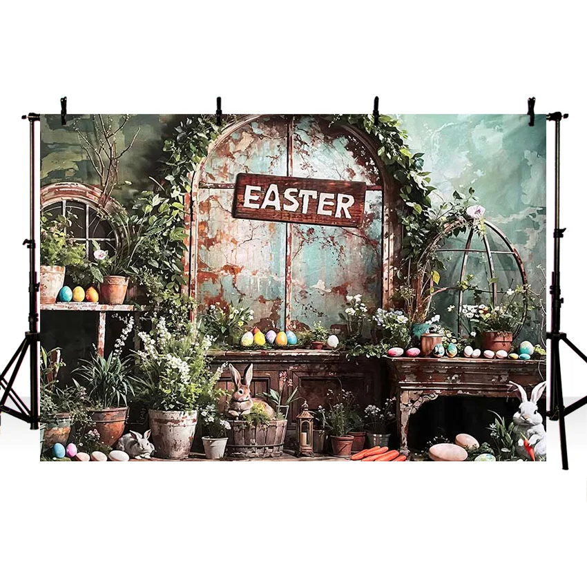 Mehofond  Rabbit Egg Photos Background Easter Newborn Props Spring Arch Door Green Grass Cage Decor Photography Backdrop Shoot