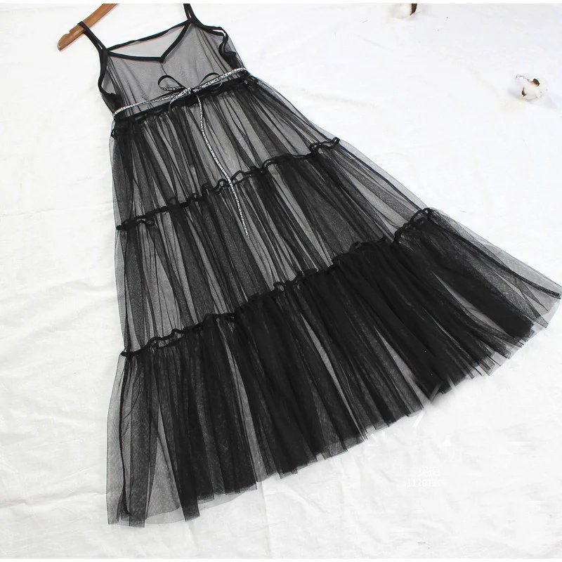 

Sexy V Neck Lace Mesh Dress Summer Women Tie Bow Belt Spaghetti Strap Overall Dresses Ladie Fairy A Line Large Hem Long Vestidos