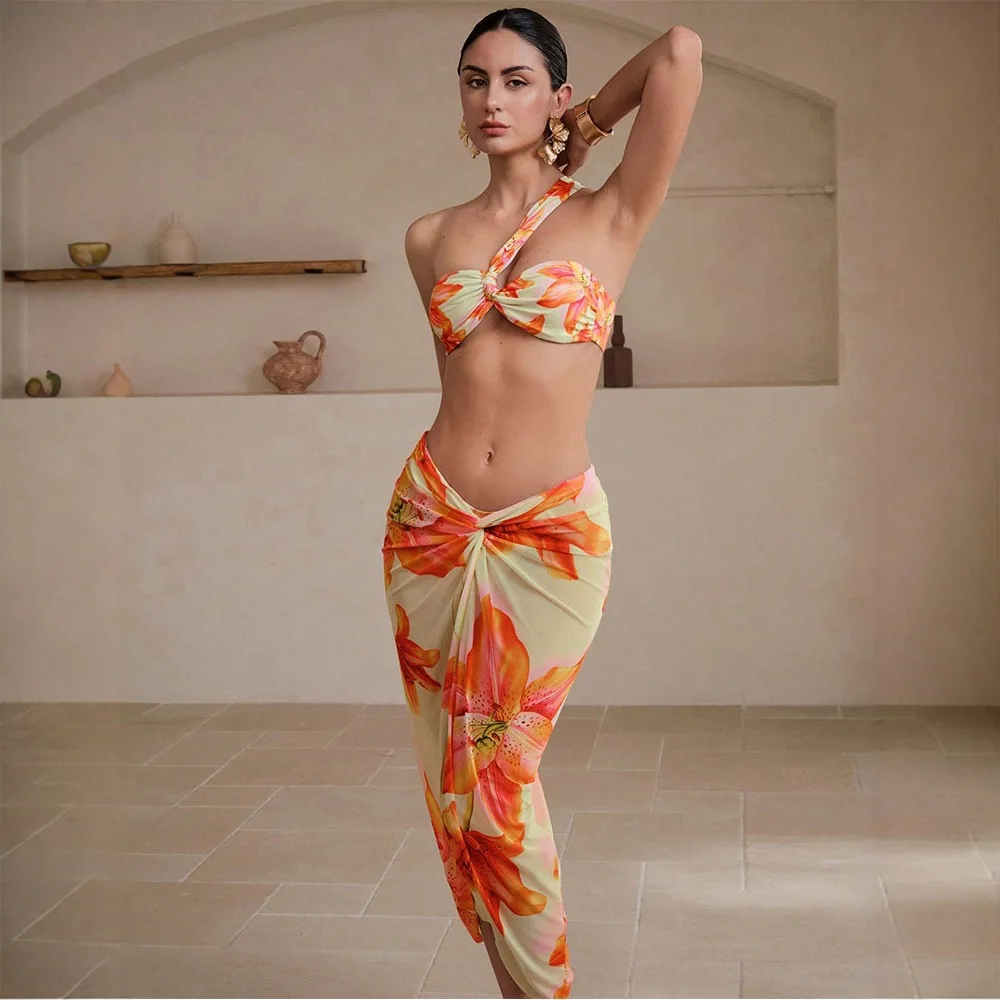واحد الكتف قطعتين دعوى البيكينيات 2026 النساء ملابس السباحة رفع ثوب السباحة مثير مجموعة البكيني ملابس السباحة طباعة بحر Biquini