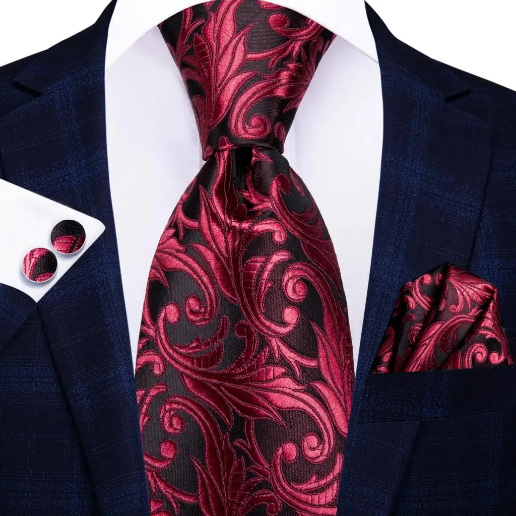 Hi-Tie Designer Elegant Mens Necktie Burgundy Floral Silk Wedding Tie For Men Hanky Cufflinks Set Business Party Dropshipping