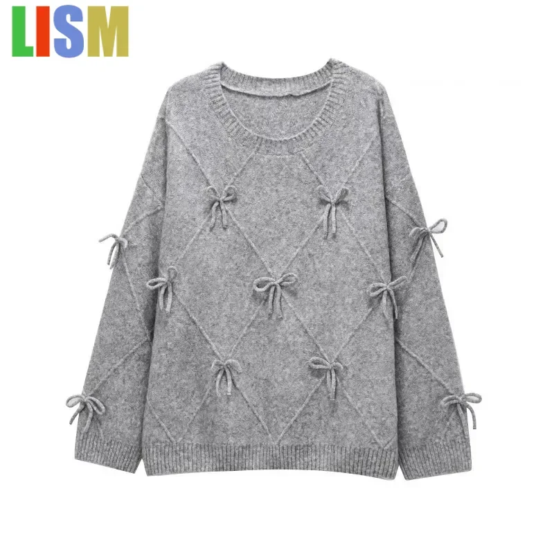 LISM bow Cozy Sweaters Prairie Chic Solid Bow Pullovers Knit Long Sleeve Pullovers Y2k Vintage Top Women's Autumn Sweater