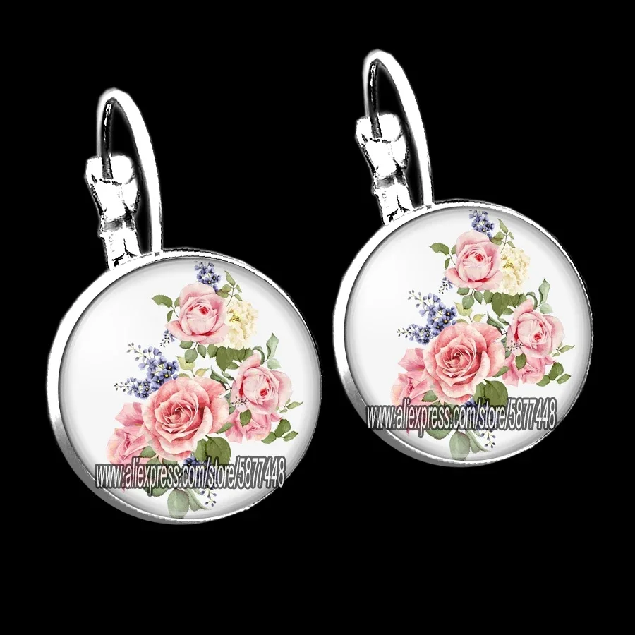 Pink Rose Flower Women Stud Earrings Beautiful Peony Flower Mother Earrings Mixed Flowers Glass Cabochon Earrings Gift for Women