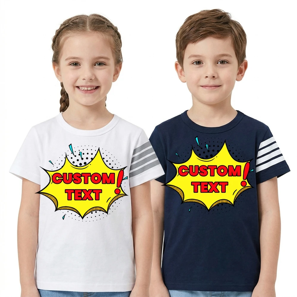 

Boy Girl Birthday Gift Tee Custom Your Own Text Logo Photo Stripe Sleeve Personalized Neutral Toddler Kids Shirt