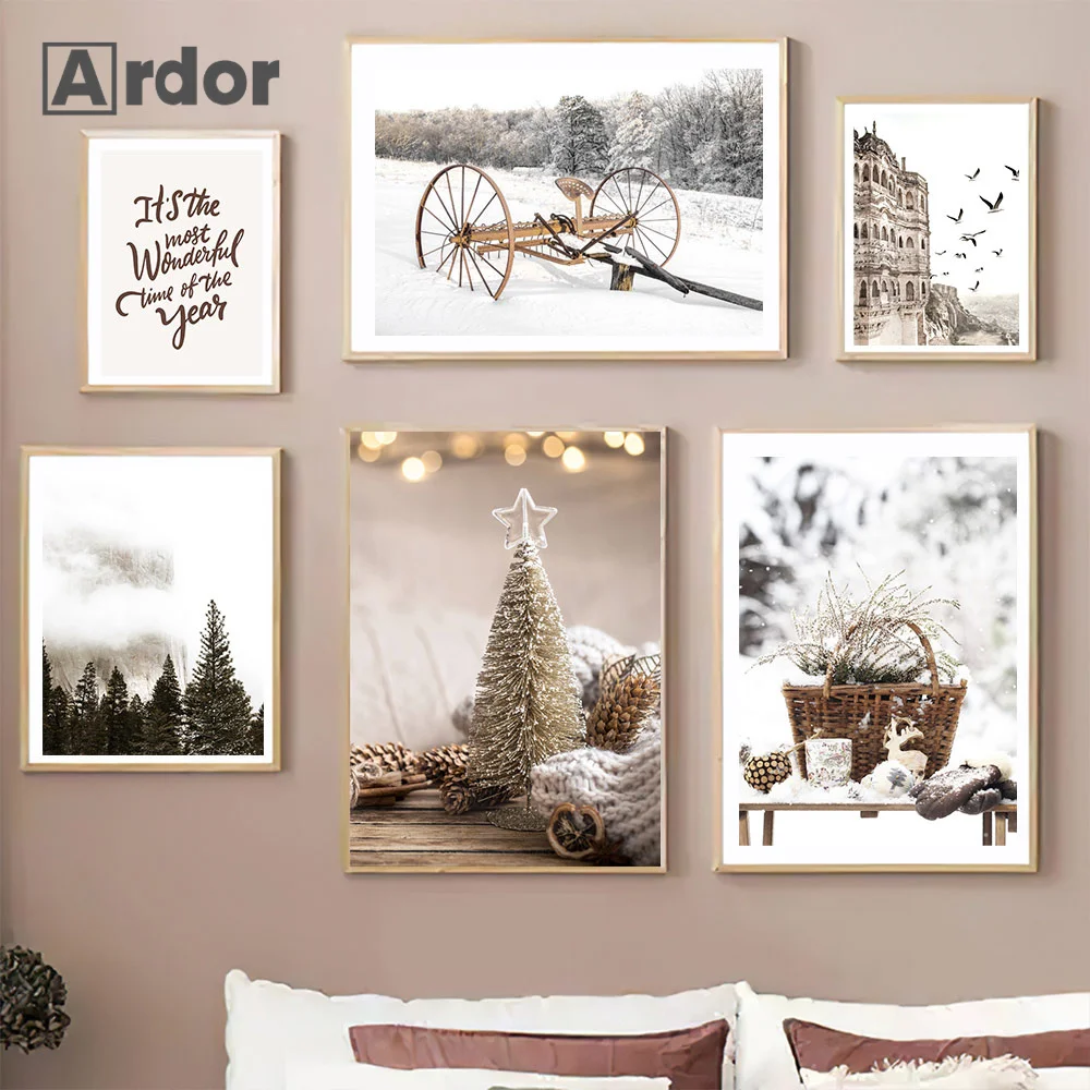 Christmas Gift Winter Snow Pine Tree Deer Wall Art Canvas Painting Elk Snowman Poster Print Picture Living Room Home Decor