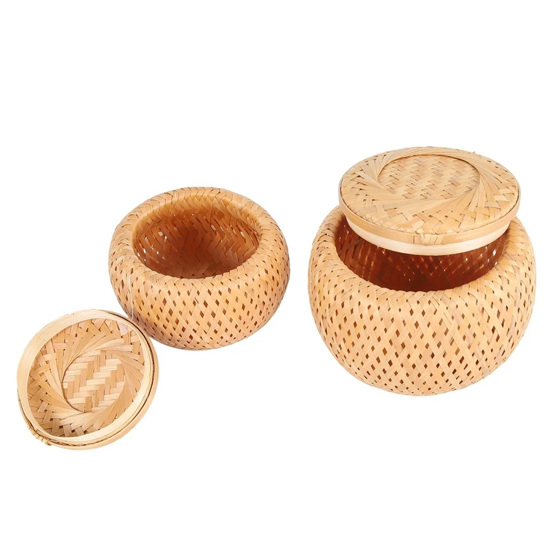 【CLEARANCE】Set Of 2 Small Decorative Bamboo Baskets With Lid For Storing Small Items Handmade And Braided Bamboo Storage Box