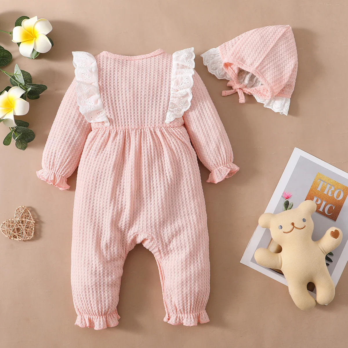 New Long Sleeve Rompers Baby Girl Jumpsuit Newborn Baby Clothes Solid Ruffled Clothing with Hat Birthday Clothes Yellow & Pink