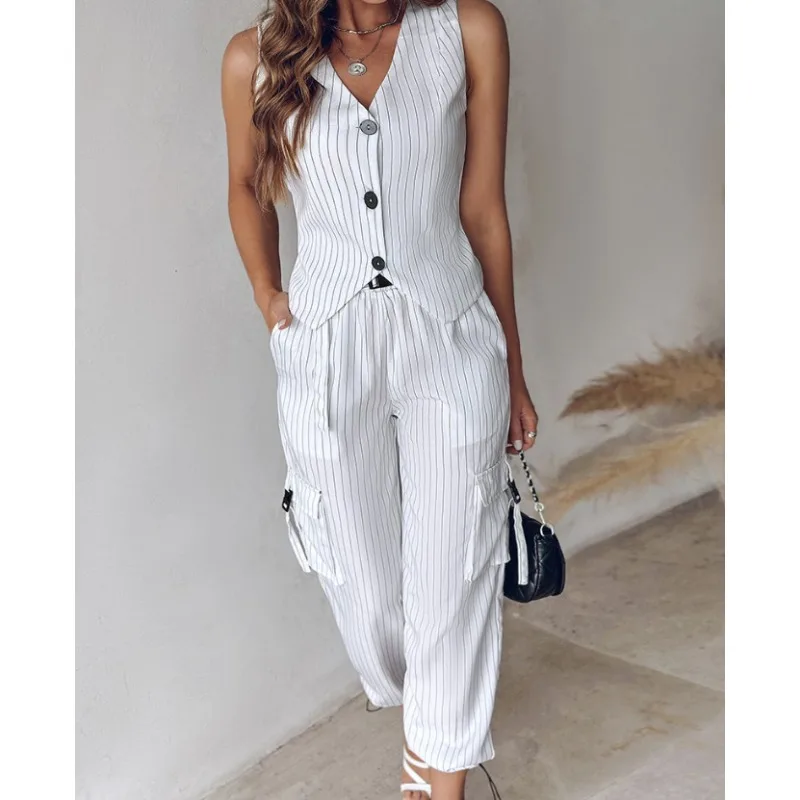 2024 Women Spring Summer Elegance Simplicity Fashion Casual Stripe Printed Vest Long Pants Clothes Set