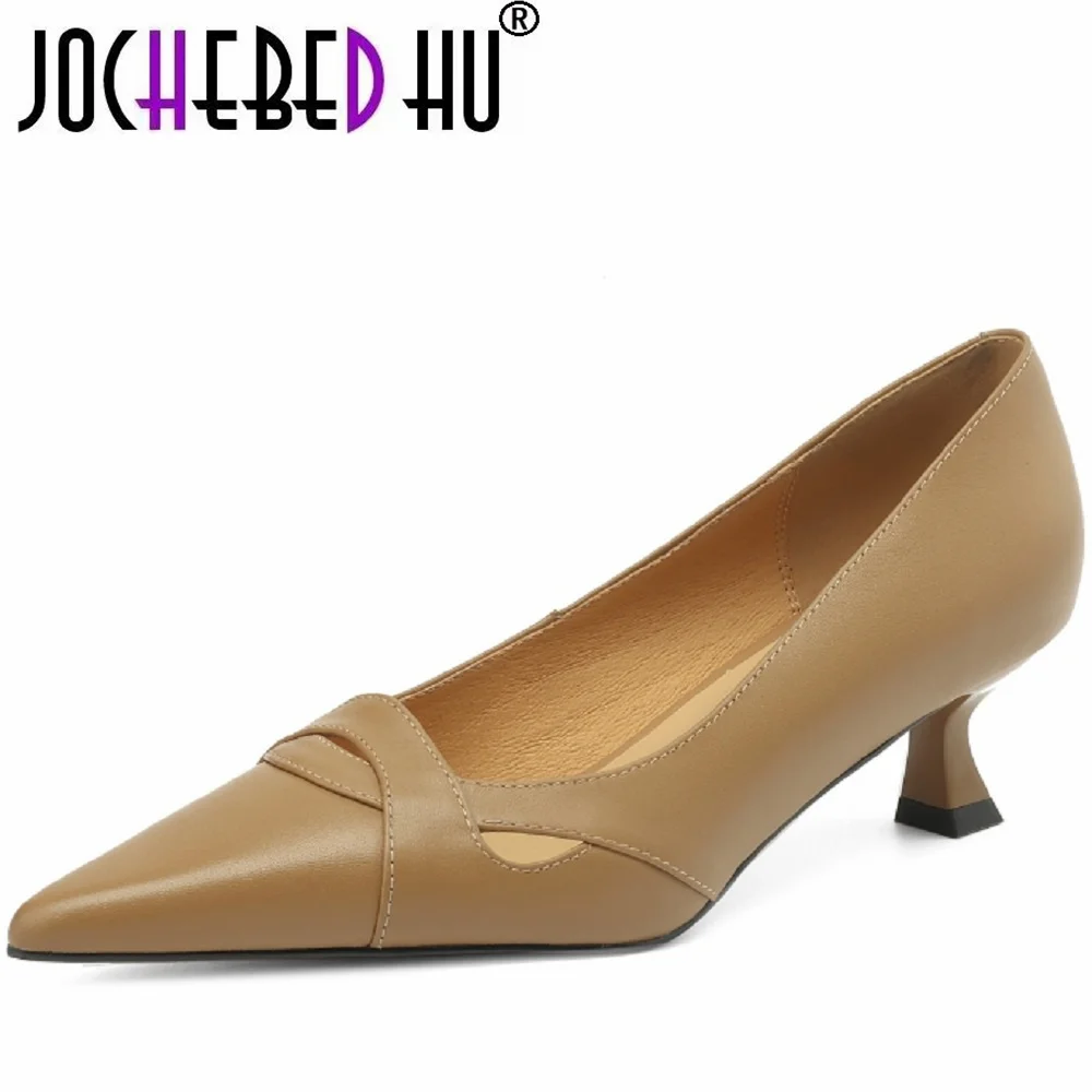 【JOCHEBED HU】2024 New Pointed Toe Mature Women Pumps Genuine Leather Thin Heels Spring Summer Dress Office Ladies Shoes Basic