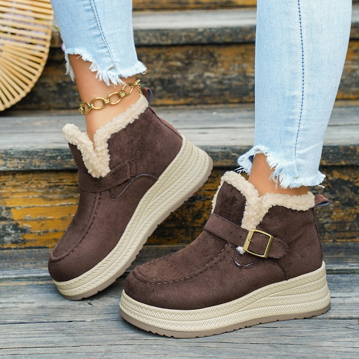 Winter Damen Einfarbige Vintage Bequeme Dicksohlige Keilabsatz-Schneestiefel Neue Damen Warme Lässige Modische Stiefel – Detail 10