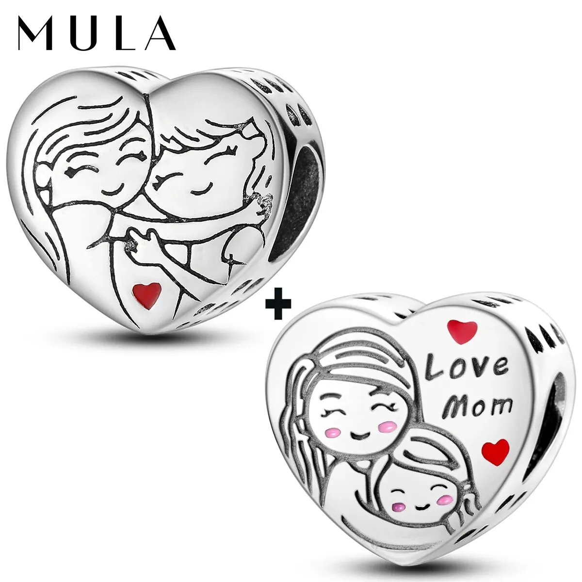 MULA 2PCS SET Silver Plated Charms Mom Sister Heart Shape Bead Fit Original Charm Bracelet DIY