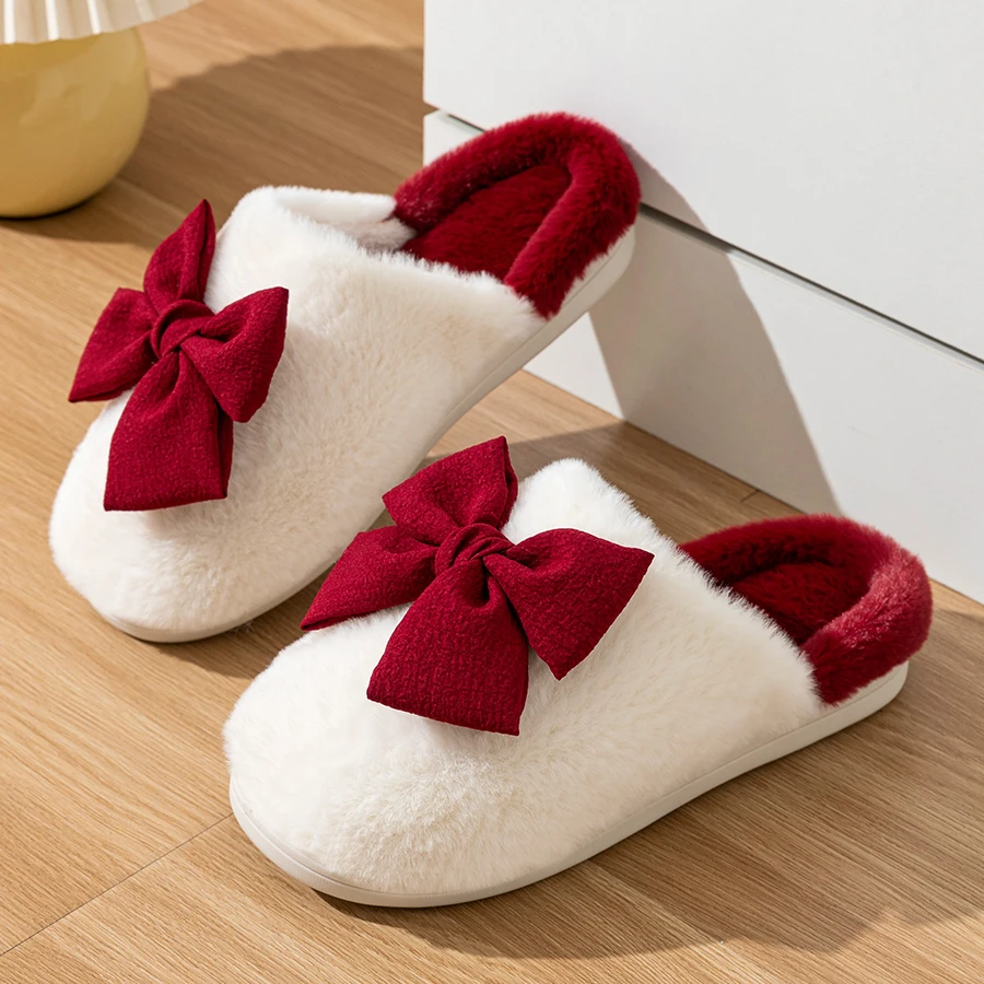 Winter-Damenhausschuhe, stilvoll, warm, für den Innenbereich, weinrot, mit Schleife, rutschfest, weiche Sohle, für zu Hause, Baumwollschuhe ﻿ – Detail 4