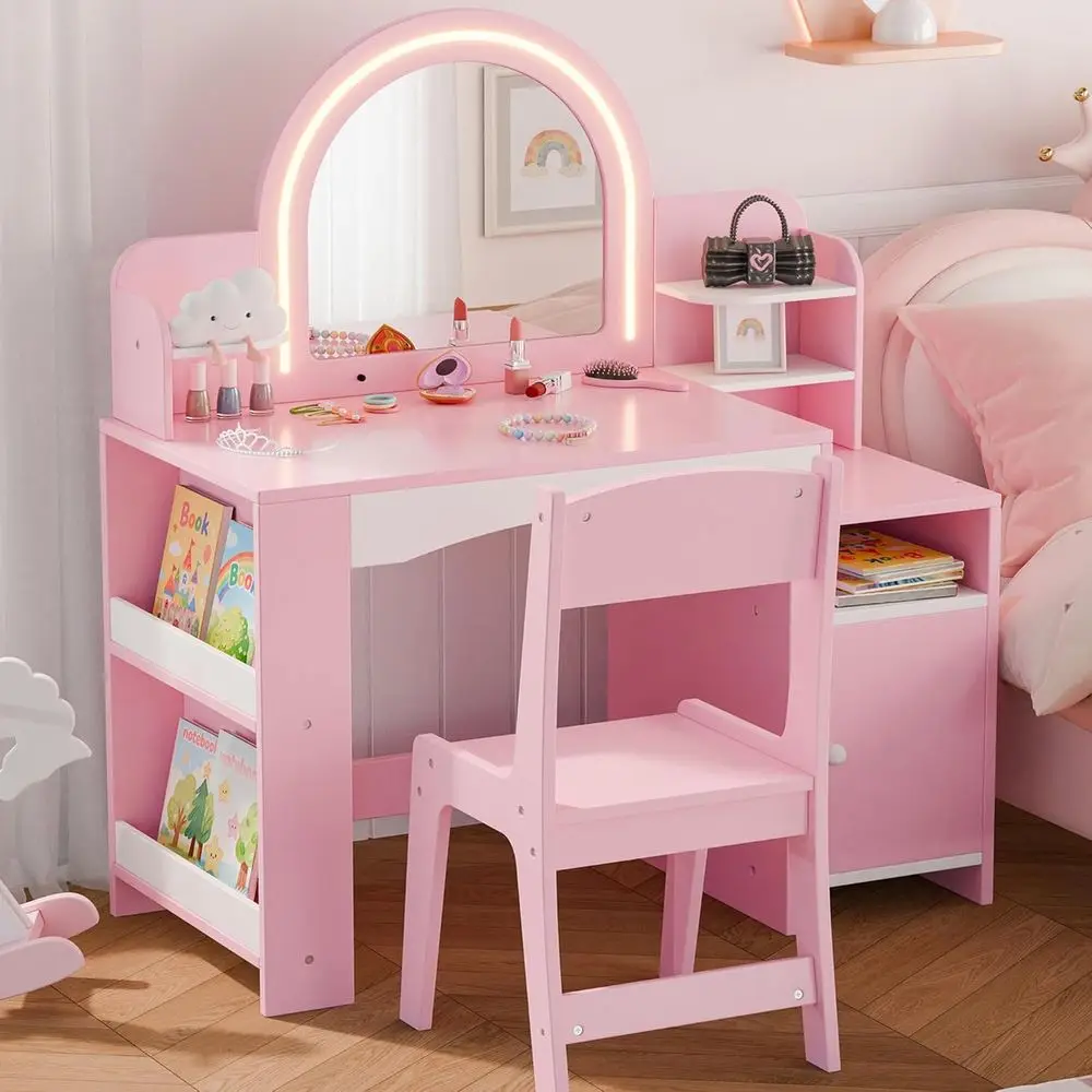 MU Kids Vanity with Lights, PrincMakeup Vanity Desk with Open Bookshel, Storage Cabinet & Shelves, 2 in 1 Toddler Vanity Table &