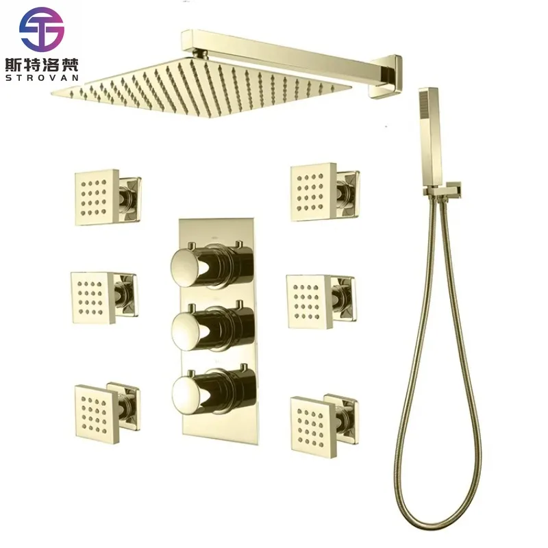

Multifunctional Ceiling Shower Head With Handheld Shower Golden Thermostat With Side Spray Concealed Set Shower Faucet