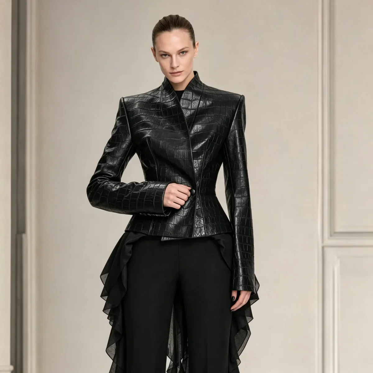 New Women V Neck Embossed Faux Leather Jacket Double Button Fitted Waist Long Sleeve Solid Black Slim Short