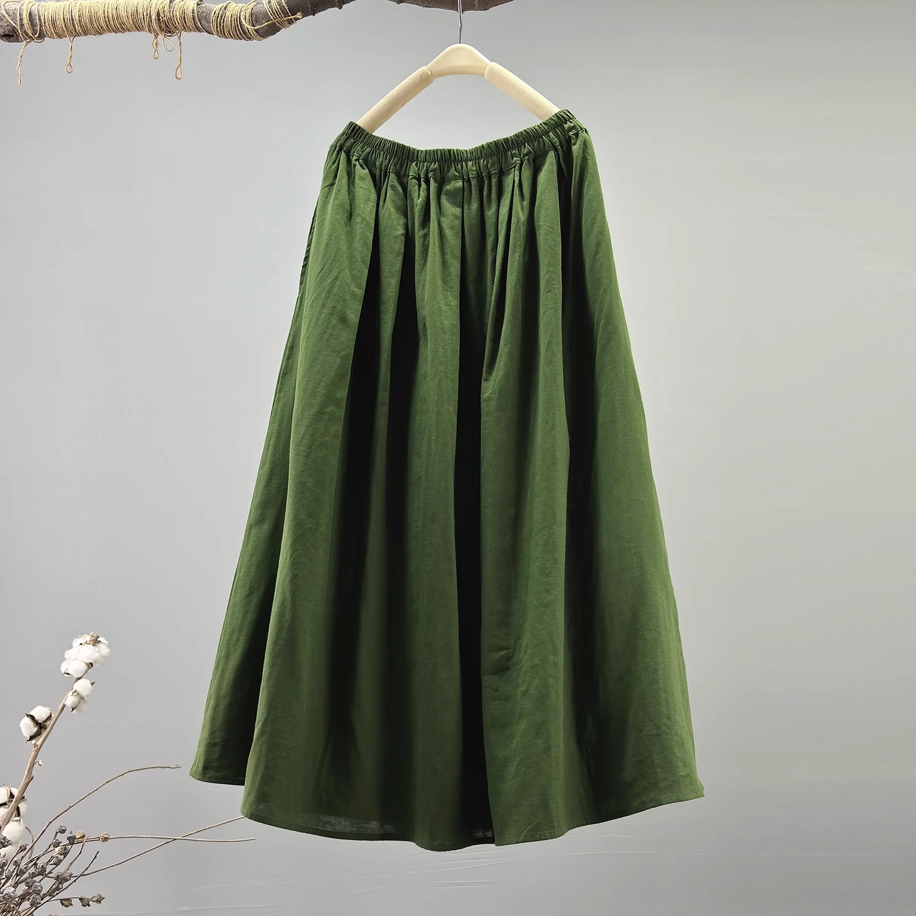 

100% Cotton yarn pink green white solid long skirts for women spring Japan style elastic waist a-line midi skirts