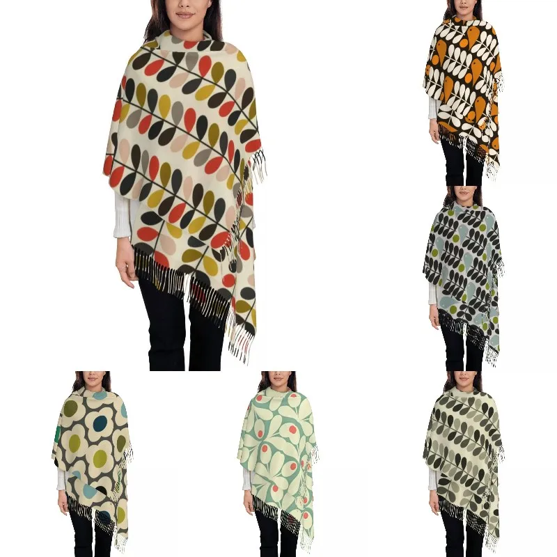 Orla Kiely Multi Stem Tassel Scarf Women Soft Flowers Floral Abstract Shawl Wrap Ladies Winter Fall Scarves