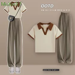 Women's Summer Tracksuit Korean Chic Elegant Short Sleeve T-shirt+Sport Wide Leg Pants Two Piece Female New in Matching Set