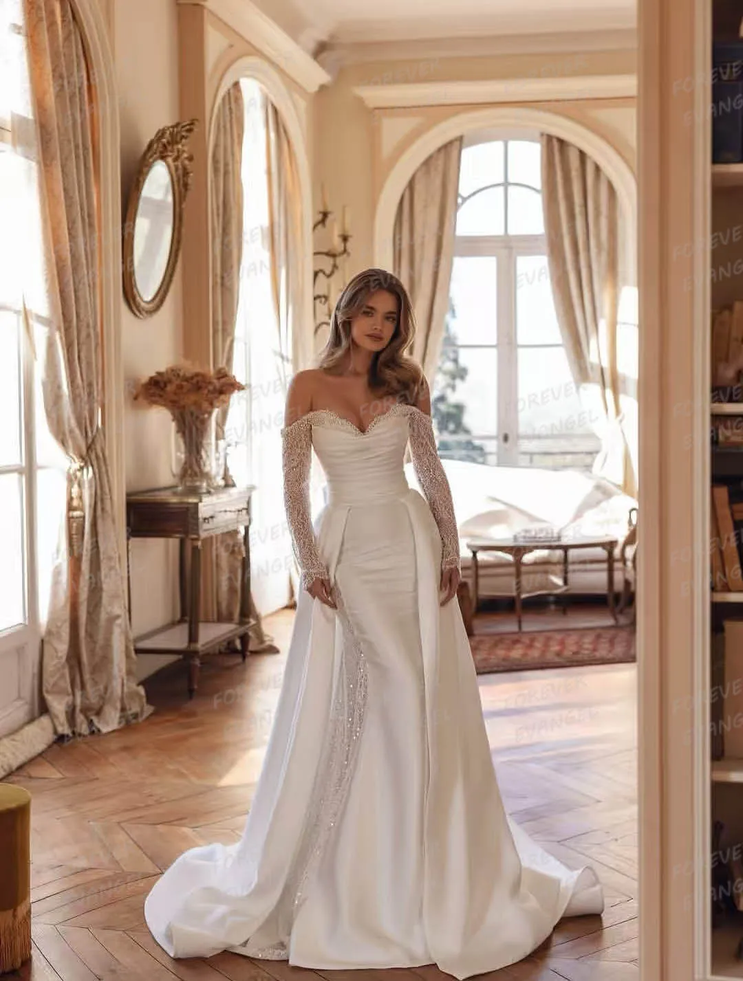 

Simple Wedding Dresses Woman's Mermaid Long Sleeve Bride Gowns Formal Satin Off Shoulder Customized Shiny 2026 Vestidos De Novia