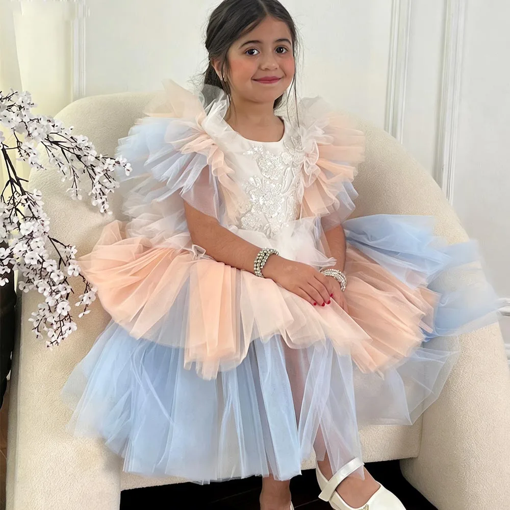 

Puffy Princess Dress Colorful Flower Girl Dresses Cute Dress For Girls Tulle Cake Birthday Dress Applique Long Kids' Dresses