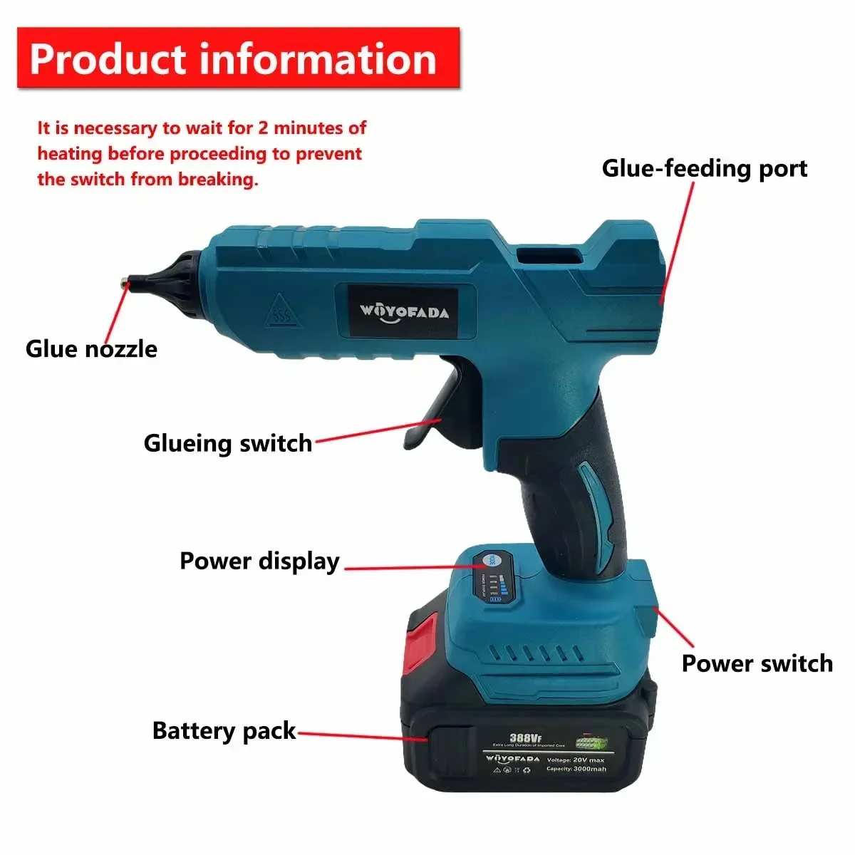 WOYOFADA pistola eléctrica de pegamento de fusión en caliente para batería Makita de 18V, agarre de pegamento eléctrico inalámbrico, barra de