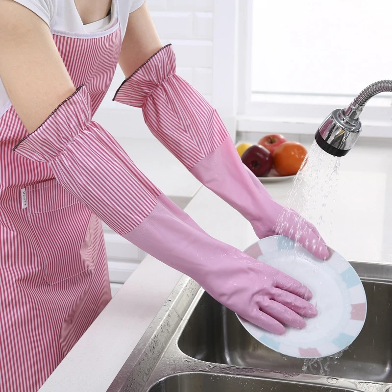 1 Pair Fashion Hemming Plus Velvet Warm Housework Gloves Kitchen Clean Durable Dish Washing Rubber Gloves