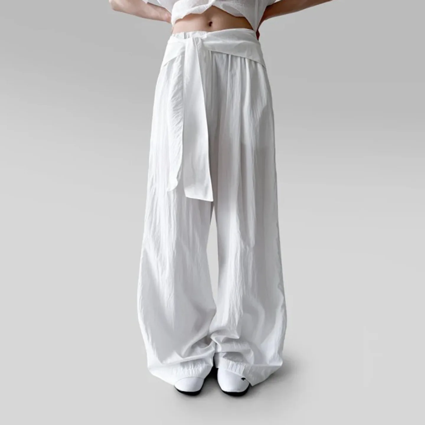 Cintura alta calças de perna reta feminina qui seco drapeado com cinto design versátil outono casual faion suave sle