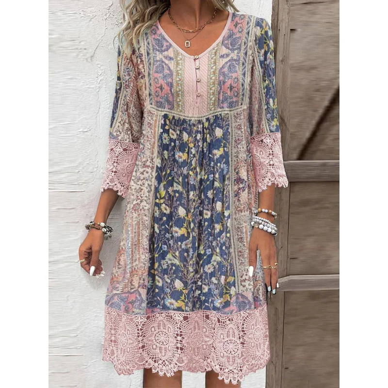 

TOY-New In Stock Women's Spring Summer Hot Sale Vintage Print Lace Trim Dress