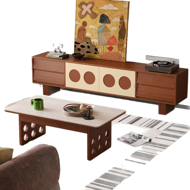 

Medieval solid wood TV cabinet coffee table combination integrated living room