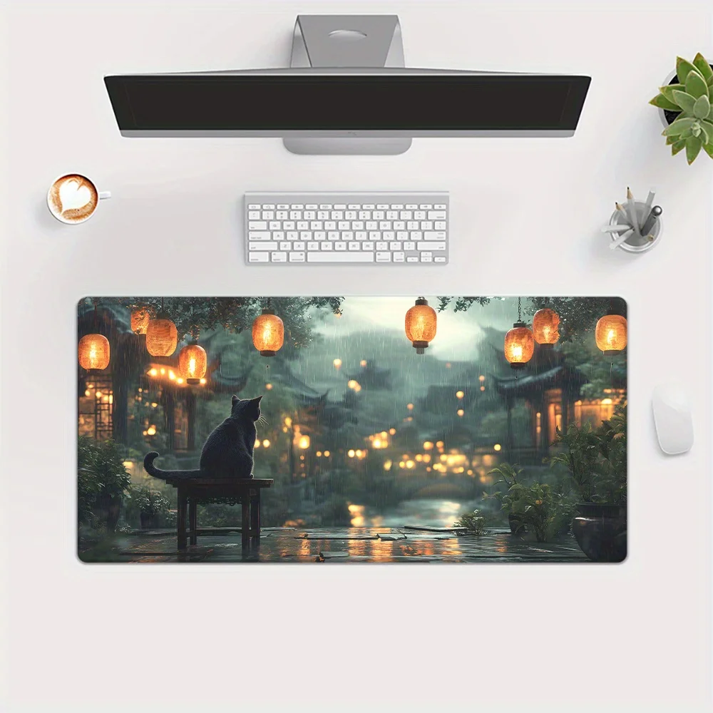 قطعة واحدة من وسادة مطبوعة عالية الدقة على شكل قطة سوداء ممطرة للمكتب، لوحة ماوس XXL متعددة الوظائف، سجادات ماوس ألعاب لوحة المفاتيح، Computjava المكتبية
