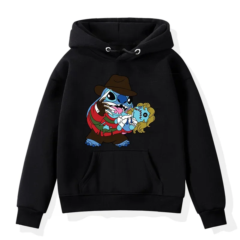 Stitch Halloween Cartoon Print Pullover Fashion Loose Couple Hooded Sweater  Winter Clothes Women