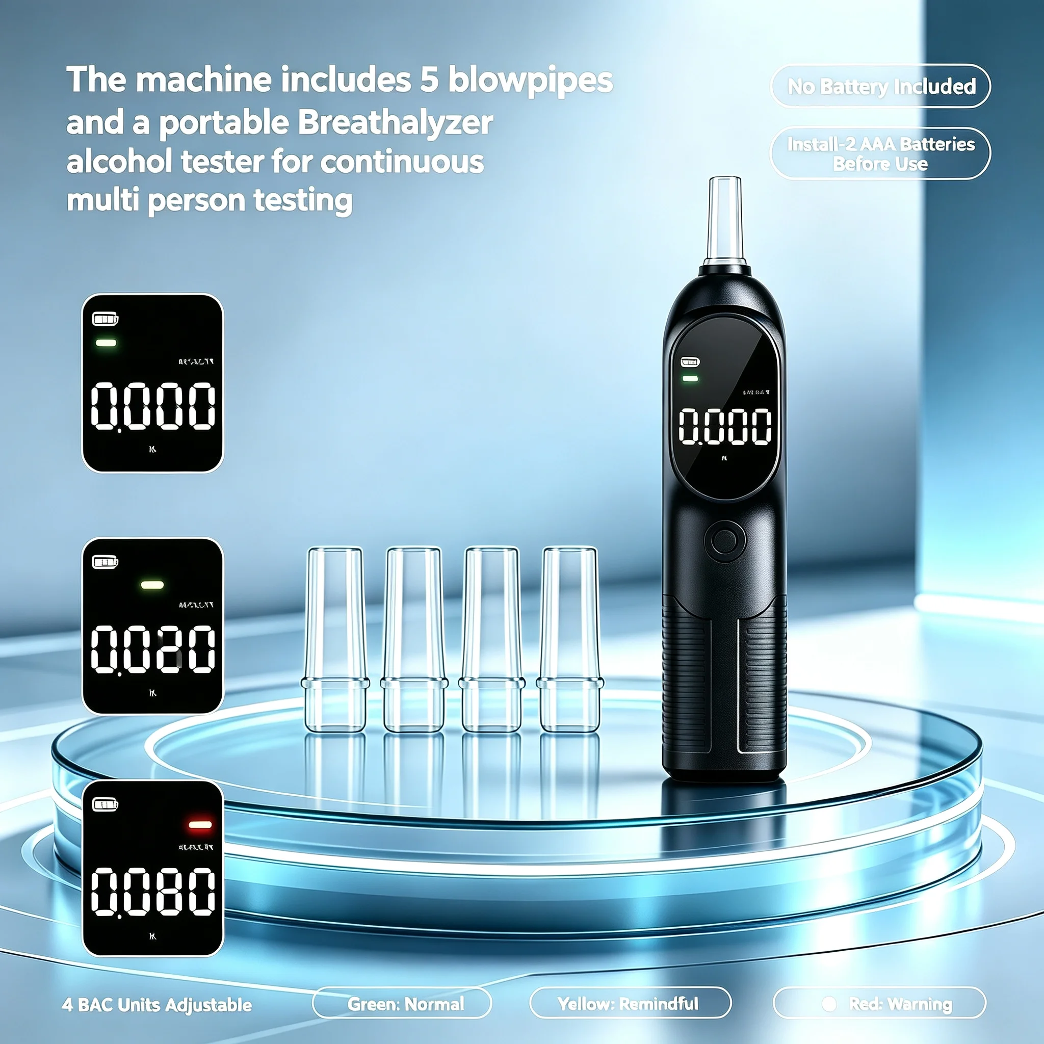 Mini Pocket Personal Breathalyzer, Portable Digital Breath Alcohol Tester with 5 Blow Pipes, 4 Adjustable BAC Units for Drivers