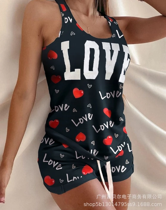 Women's Casual Suits 2024 Spring Summer Latest Comfortable Style Letter Printed Sleeveless Tank Top Drawstring Waist Shorts Set