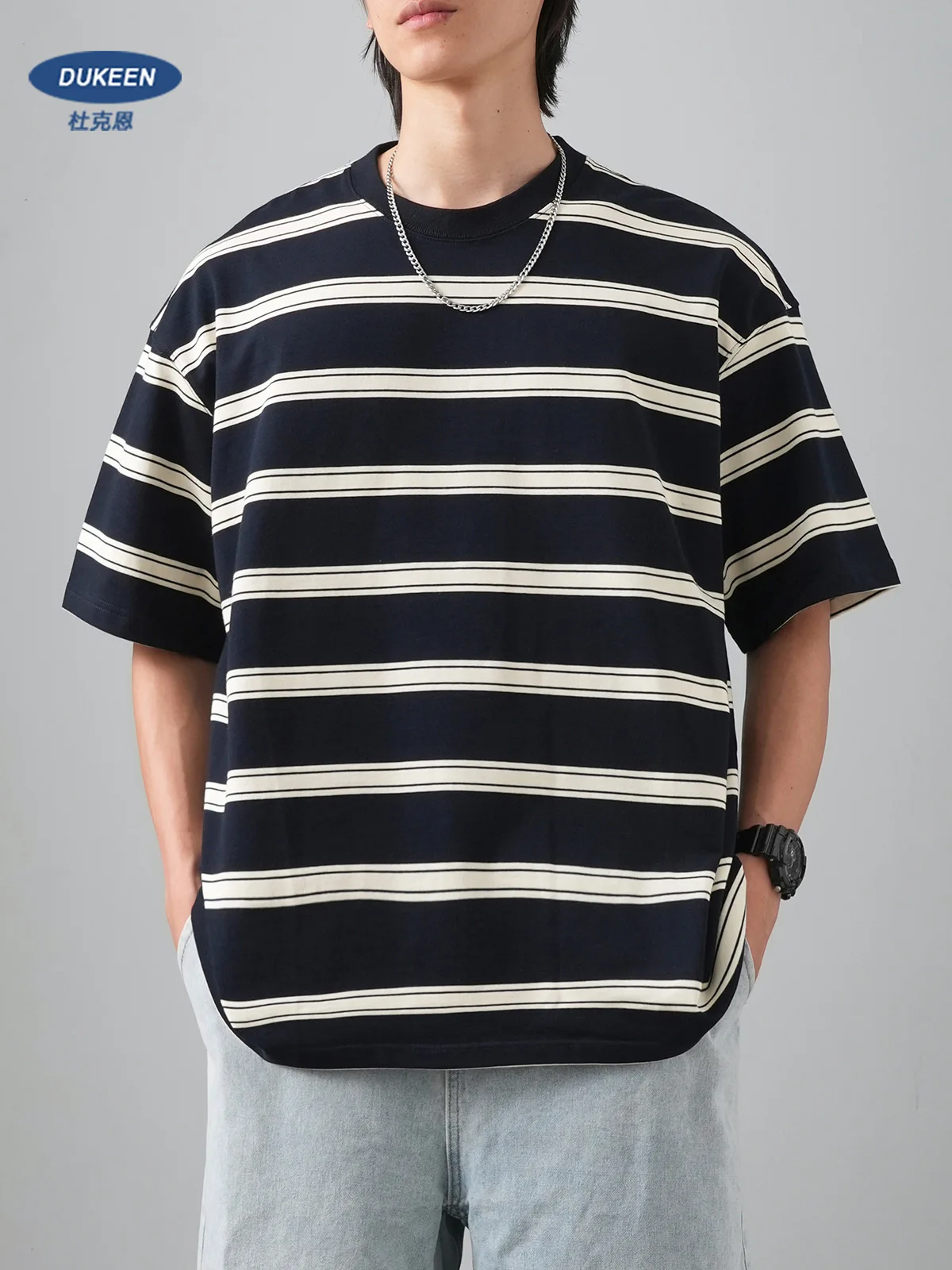 

DUKEEN 320G Heavyweight Striped T Shirt for Men Summer Fashion 100% Cotton Crew Neck Short Sleeve Tees Couple Clothing Oversize