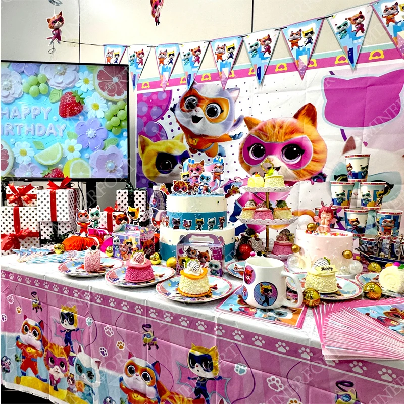 

Superkitties Themed Cartoon Disposable Tableware Paper Plate Cup Brooch Spiral Straw for Birthday Party Festival Supply Packing