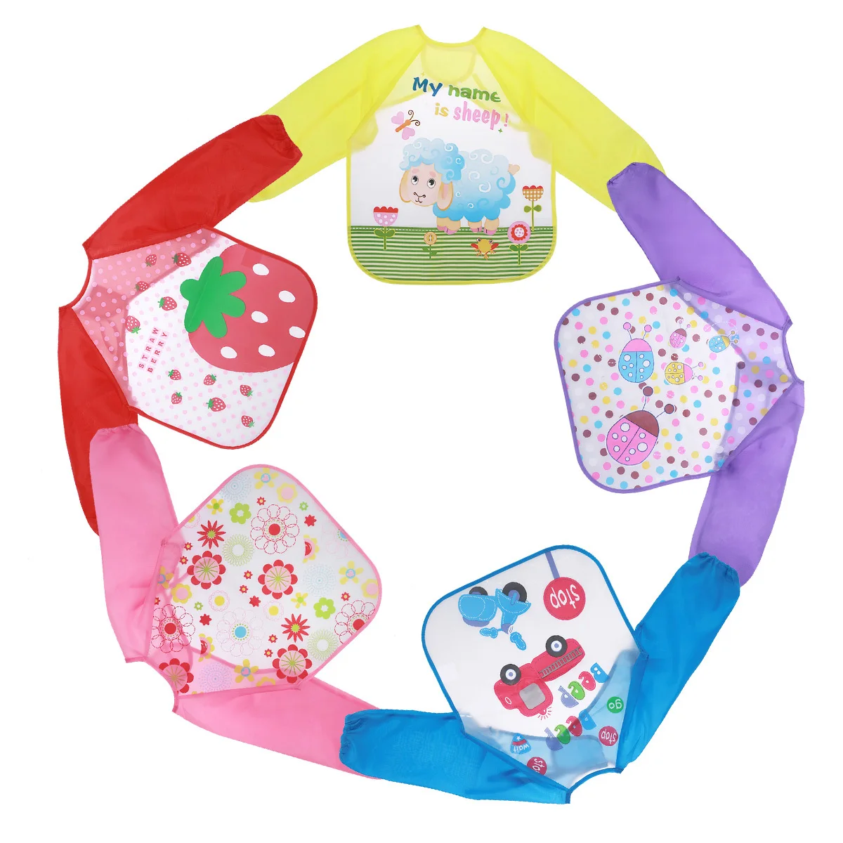 

5Pcs Waterproof Sleeved Baby Bibs Adjustable Sleeve Length Back Tie Closure Easy Wipe Machine Washable Cartoon Toddler Smock