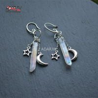 Raw Crystal with Moon and Stars Earrings with Dangle Witch Jewelry Celestial with Healing Quartz Handmade Jewelry Women Gift